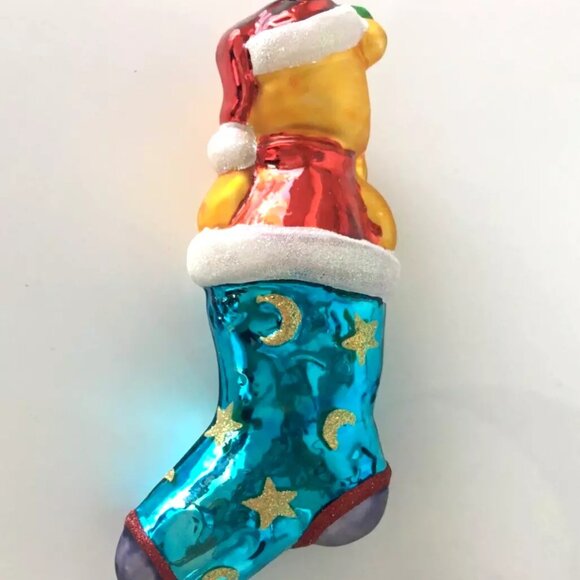 Rare Christopher Radko Disney WINNIE THE POOH Teal Blue Stocking Glass Ornament - Picture 8 of 9